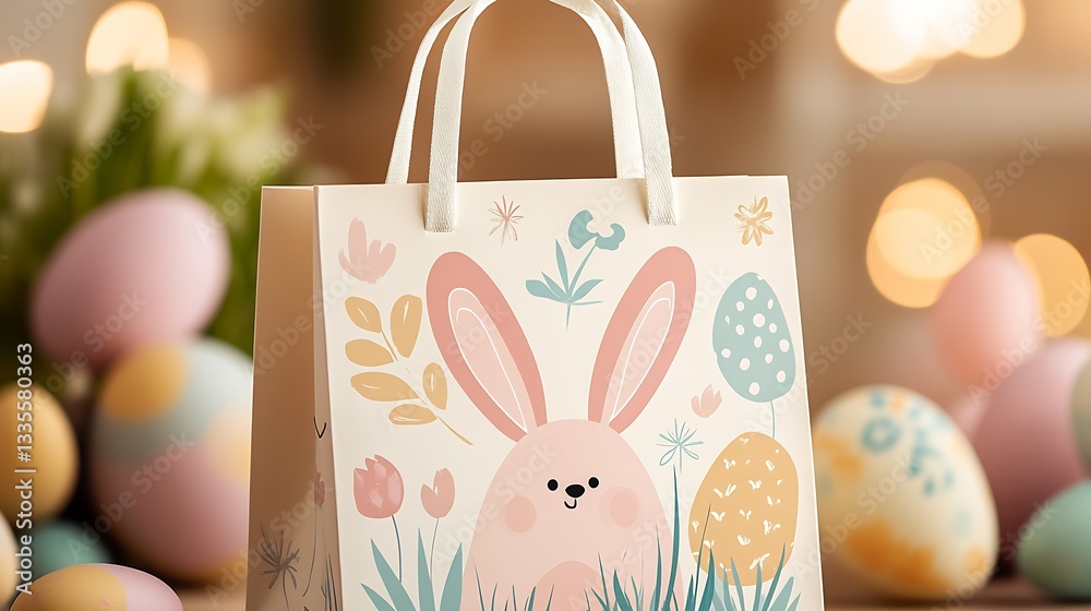 Aufkleber Cute Bunny Design on Easter Gift Bag Surrounded by Colorful Eggs Creating a Joyful Spring Atmosphere : Generative AI