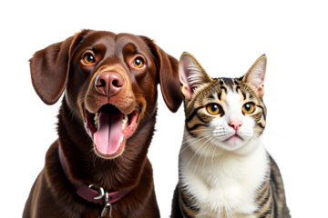Funny dog and cat portrait isolated on transparent background. Humorous Labrador mix and tabby cat duo with excited, inquisitive expressions. Pet friendship studio shot for lighthearted designs.