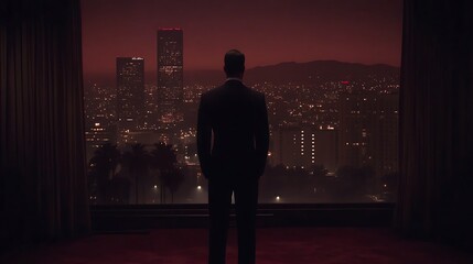 Man in suit overlooking night city.
