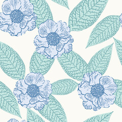 seamless blue green pattern with flowers and leaves
