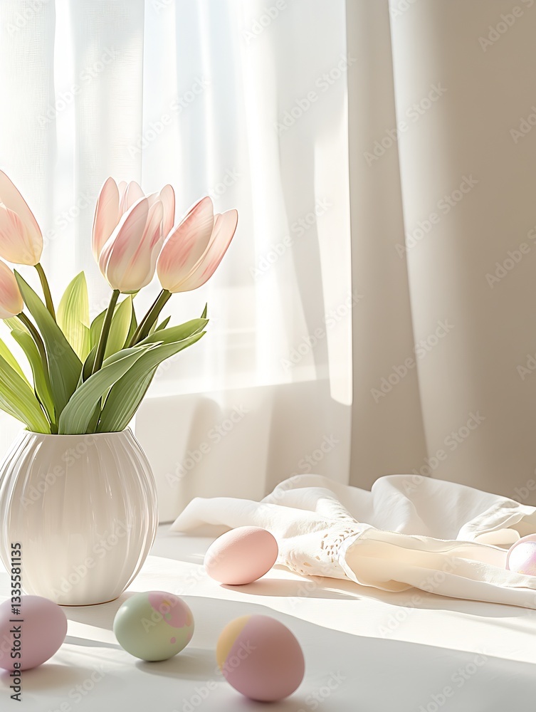 Aufkleber elegant pink tulips in a white vase with pastel eggs creating a serene spring atmosphere : generativ
