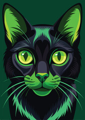 Fototapeta premium Portrait of a black cat with green eyes. Vector illustration.