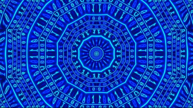 Digital blue cyber pattern with binary code and circular light tunnel