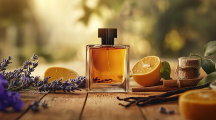 Bottle of women's perfume with citrus scent, orange, lavender and vanilla on wooden table in front of window on early sunny morning. 