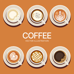 Vector illustration cup of hot coffee, food and drink concept, espresso, americano, latter art, coffee shop and cafe