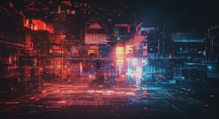 Fototapeta premium Abstract Cyberpunk Cityscape Red and Blue Digital Glitch Art Background