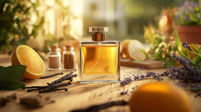 Bottle of women's perfume with citrus scent, orange, lavender and vanilla on wooden table in front of window on early sunny morning. 
