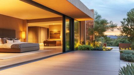 Fototapeta premium Modern bedroom with sliding glass doors and serene outdoor ambiance at dusk