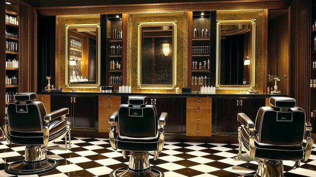 Stylish interior of a modern barbershop featuring elegant chairs and mirrors in a sophisticated setting