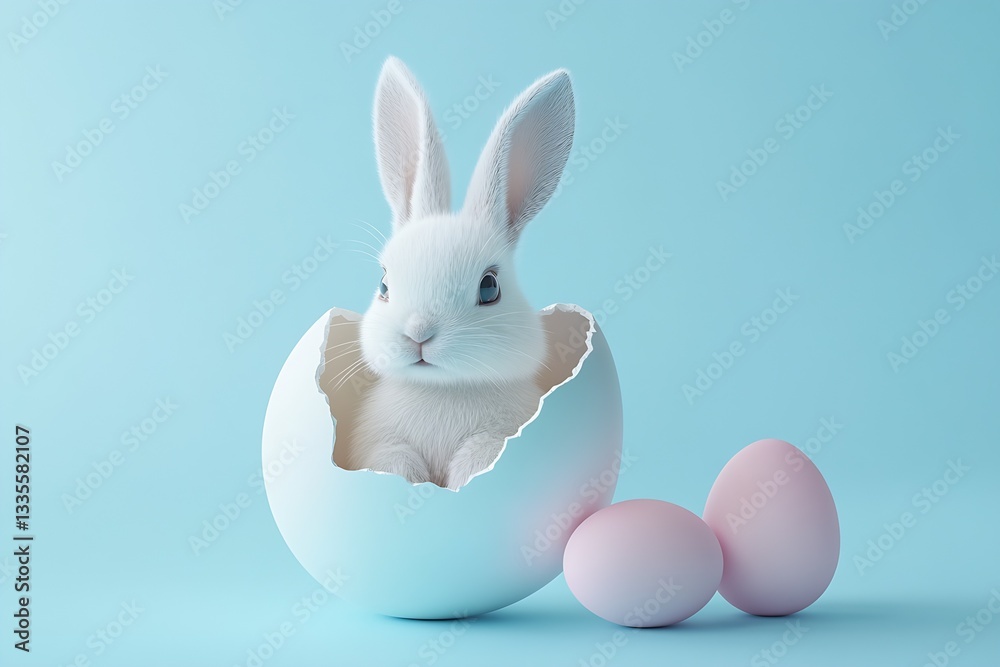 Poster charming white rabbit emerging from an eggshell with pastel pink eggs arranged nearby : generative a