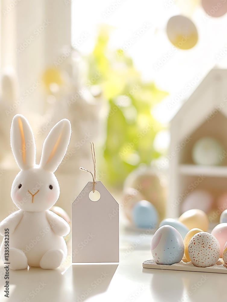 Aufkleber sweet and playful easter bunny plush toy next to a blank tag and various decorated eggs bringing joy