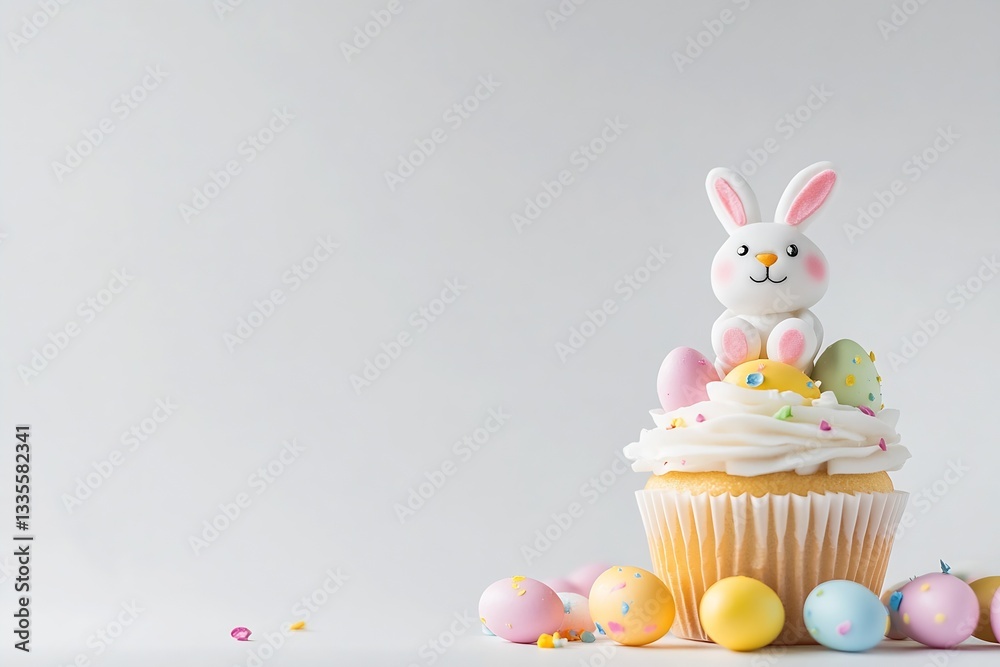 Aufkleber cute easter cupcake featuring a happy bunny and vibrant candy eggs creating a joyful celebration atm