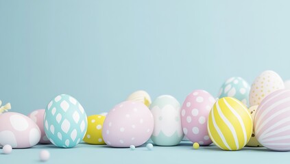 Fototapeta premium Colorful Easter eggs arranged beautifully on a delicate blue background for festive celebrations : Generative AI