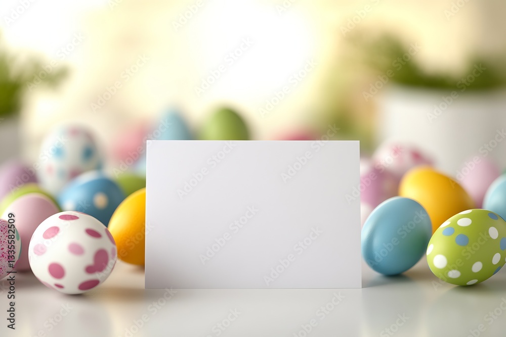 Poster easter eggs in various colors arranged around a blank card for personalized seasonal greetings : gen