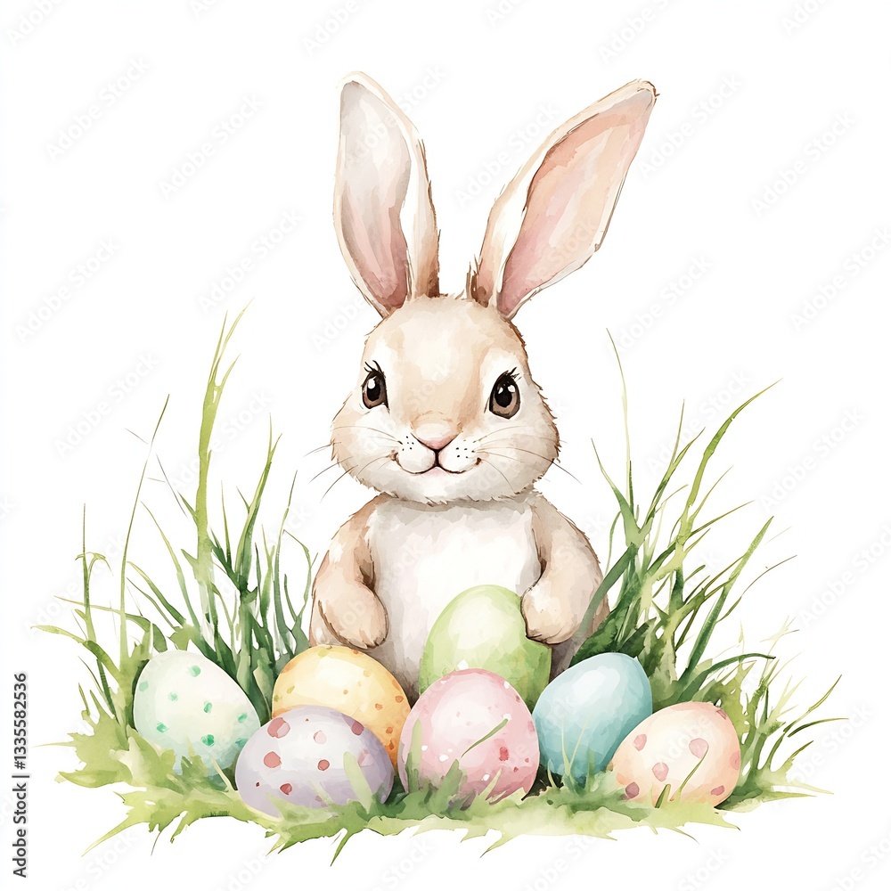 Poster endearing bunny surrounded by assorted easter eggs in a lively green grass setting perfect for sprin