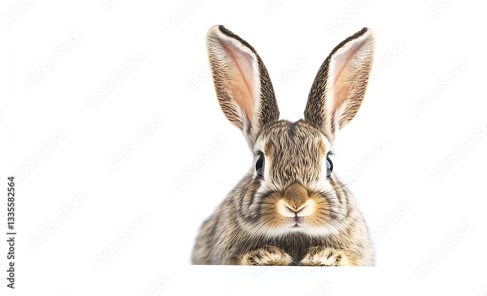 Poster Friendly rabbit with large ears and a playful demeanor peeking curiously over a white surface : Generative AI
