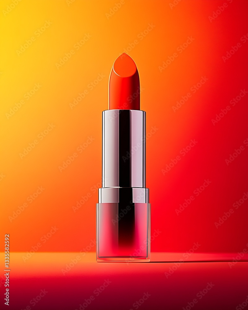 Poster vibrant close-up of a stylish red lipstick against a bold orange and yellow gradient background : ge