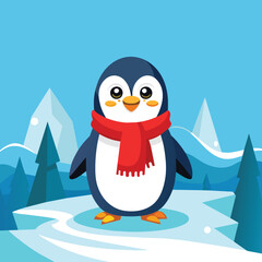 Obraz premium Cute penguin vector illustration in flat style. Cartoon penguin with red scarf on the background of snowy landscape.