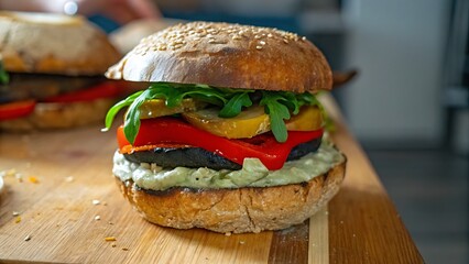 A Hearty Grilled Eggplant Burger Bursting With Roasted Red Peppers, Zesty Avocado Spread, And Fresh Arugula, Nestled On A Rustic Sesame Bun With A Warm Golden Glow