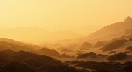 Golden Hour Landscape Rolling Hills Sand Dunes Sunset Haze