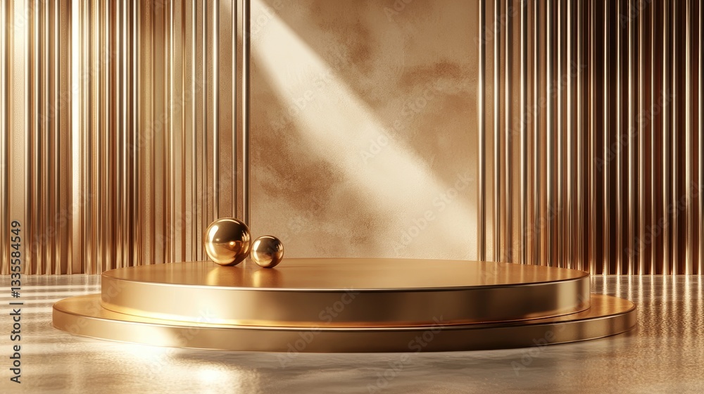 Aufkleber 3D render of glossy golden luxury podium with abstract minimal geometric shapes, creating a sleek and elegant design for showcasing cosmetic products in a high-end display