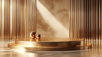 3D render of glossy golden luxury podium with abstract minimal geometric shapes, creating a sleek and elegant design for showcasing cosmetic products in a high-end display