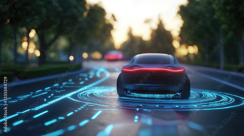 Poster A 3D render of an autonomous vehicle in a virtual environment, testing different road conditions and scenarios, symbolizing innovation in transportation technology