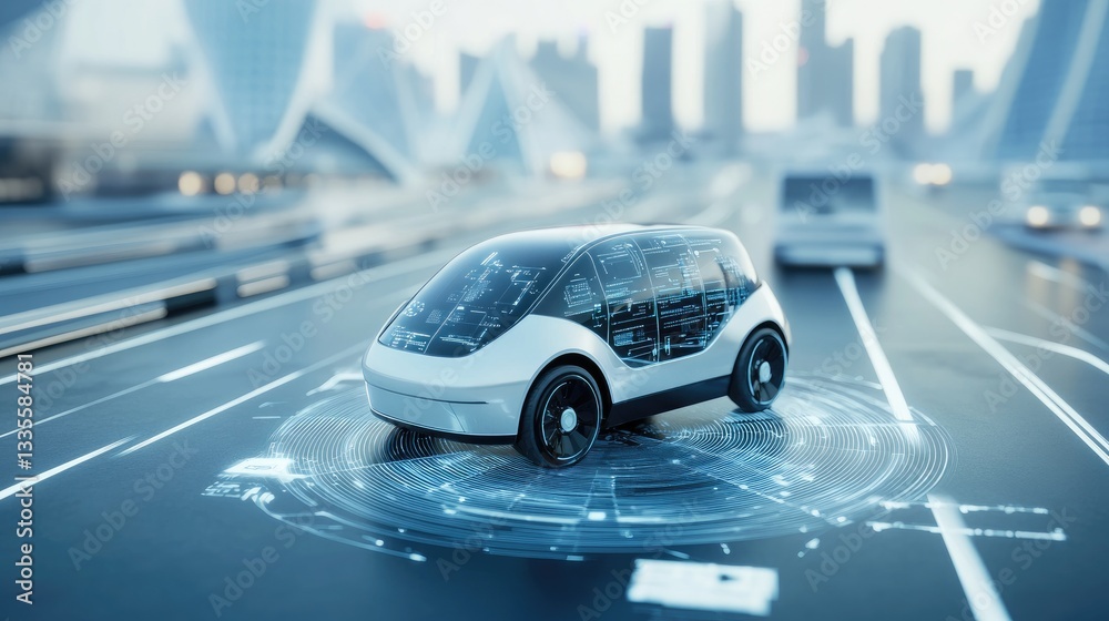 Poster A 3D render of an autonomous vehicle in a virtual environment, testing different road conditions and scenarios, symbolizing innovation in transportation technology