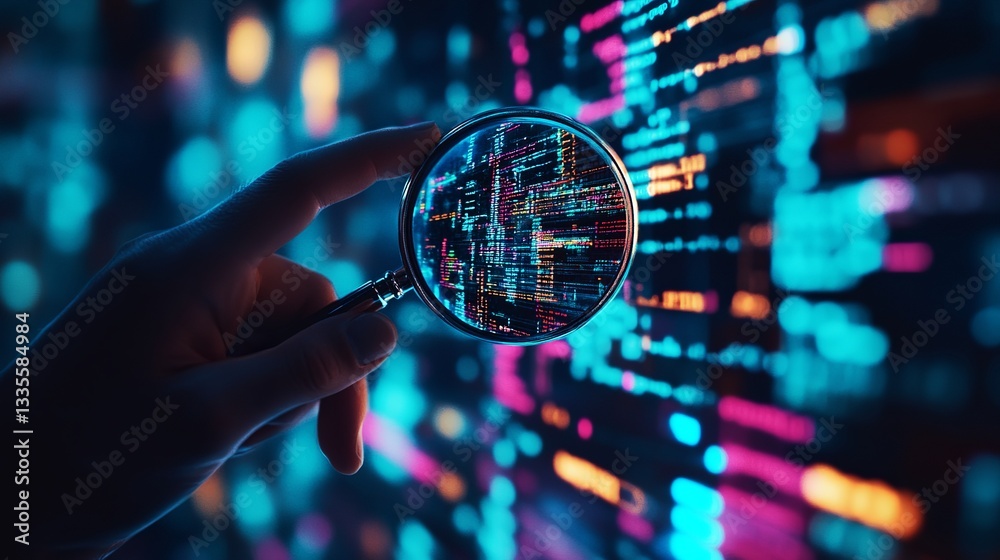 Poster digital code inspection magnifying glass neon lights software development programming data analysis 