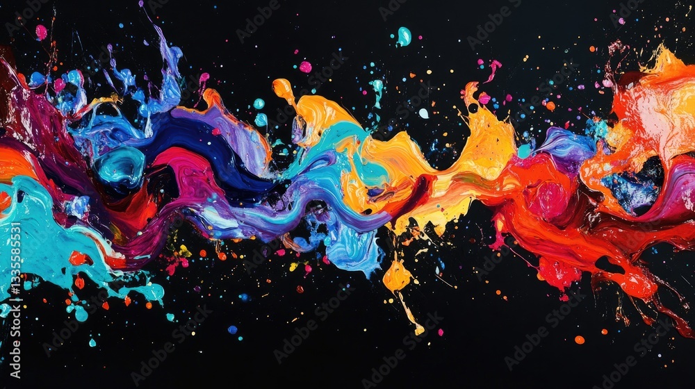Poster a burst of multicolored paint splashes on a deep black backdrop, creating a bold and energetic abstr