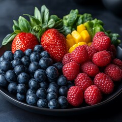 Obraz premium Fresh fruit platter, dark background, healthy eating, recipe, food photography
