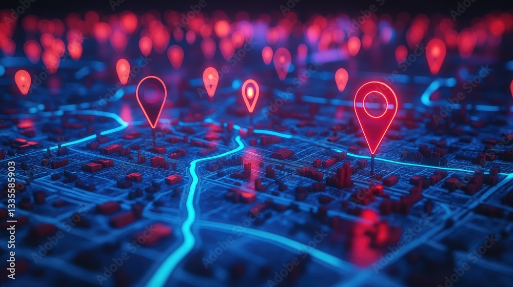 Poster a city map with neon red and blue map pins glowing on the dark background, with other pins scattered