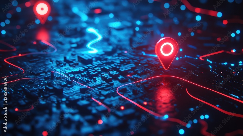Poster a city map with neon red and blue map pins glowing on the dark background, with other pins scattered