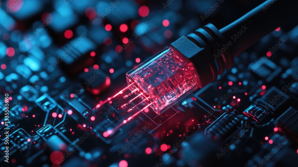 Poster a close-up of a glowing ethernet cable, with red sparks symbolizing network breaches, set in a cyber