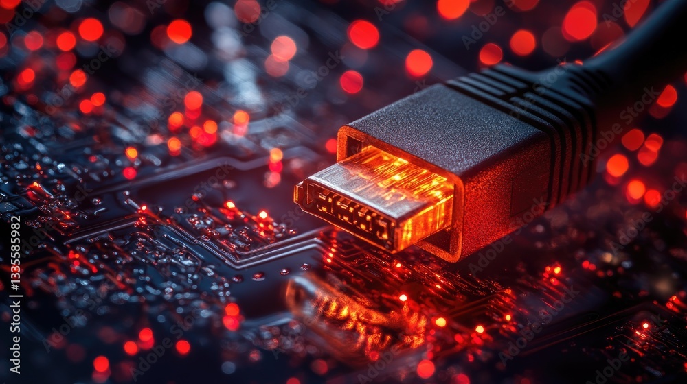 Poster a close-up of a glowing ethernet cable, with red sparks symbolizing network breaches, set in a cyber