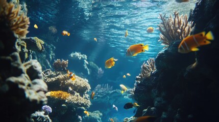 Fototapeta premium A close-up of a beautiful coral reef underwater, with schools of tropical fish swimming around, showcasing the rich diversity of marine life