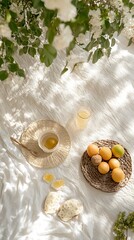 A sunny day still life arrangement with fruit and flowers