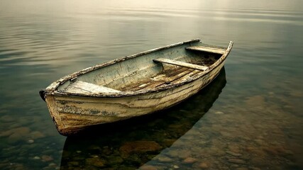 Weathered boat rests in calm water with reflections at dawn near the shore