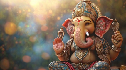A colorful, lively 3D idol of Lord Ganesha, with intricate textures and a peaceful aura, depicted against a serene and harmonious background