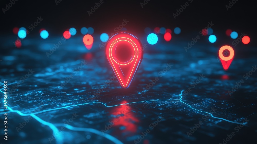 Poster a dark city map featuring a neon red and blue map pin, with several other pins in the background, ca