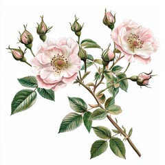 Obraz premium Elegant Pink Rose Branch with Buds and Leaves on White Background for Floral and Nature Illustrations