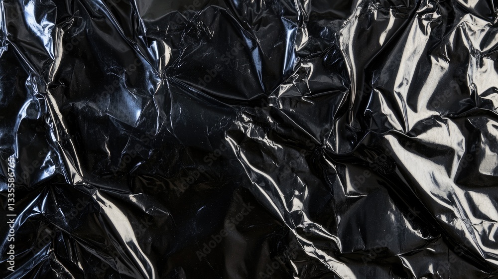 Poster a detailed texture shot of a black plastic bag, showcasing its crinkled surface and smooth finish, c