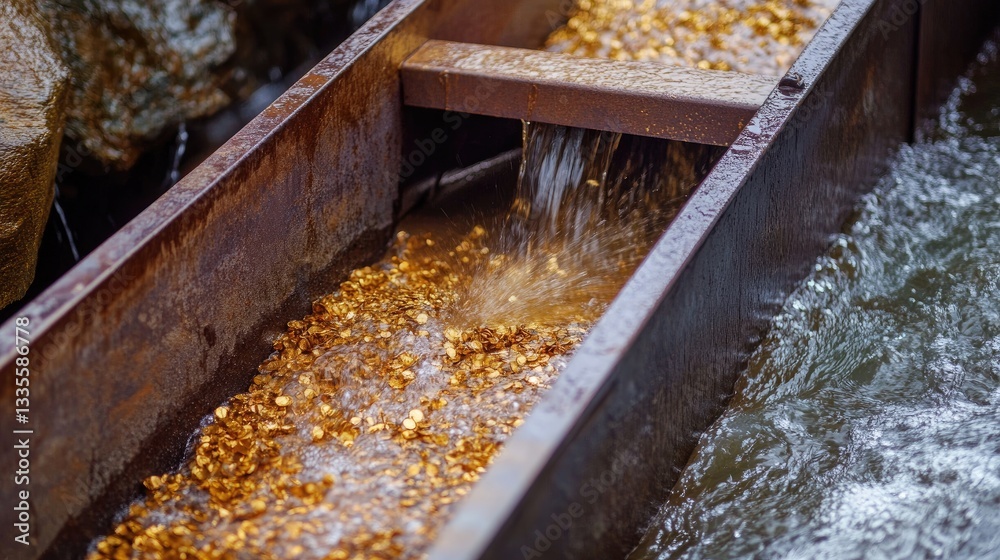 Poster a detailed view of a sluice box being utilized in a river for gold panning, capturing the technique 