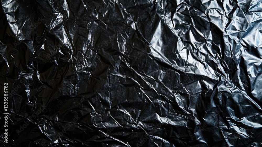 Poster a detailed texture shot of a black plastic bag, showcasing its crinkled surface and smooth finish, c