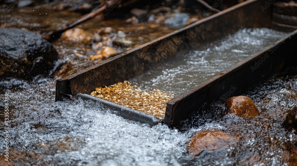 Poster a detailed view of a sluice box being utilized in a river for gold panning, capturing the technique 