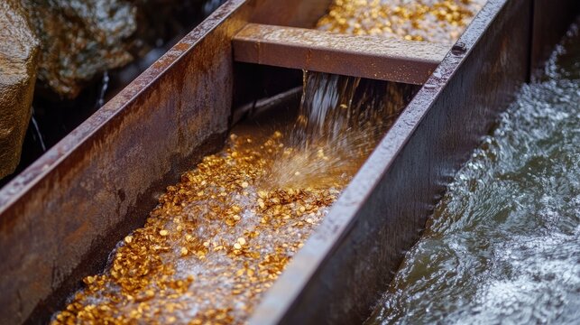 A detailed view of a sluice box being utilized in a river for gold panning, capturing the technique of separating gold from sediment