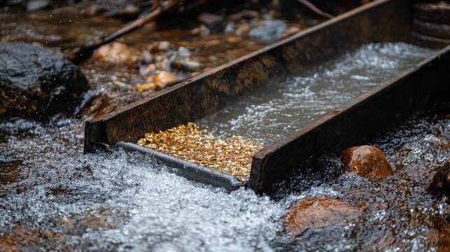 A detailed view of a sluice box being utilized in a river for gold panning, capturing the technique of separating gold from sediment