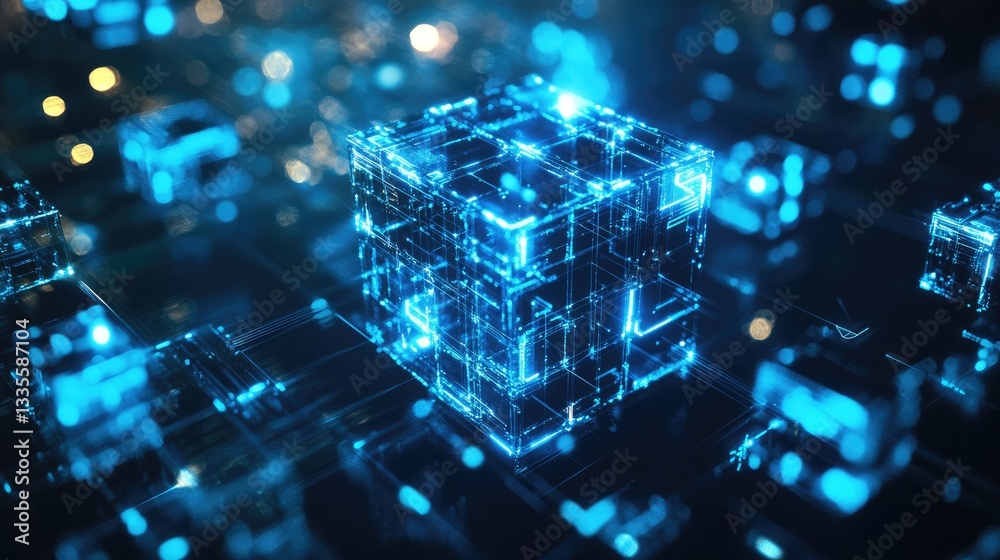 Poster A dynamic shot of a large central tech cube linked to smaller cubes, in a high-tech digital environment with blue tones, symbolizing the future of technology and futurism