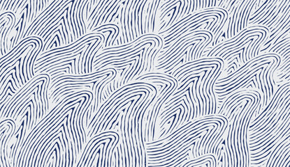 Crafted hand drawn wave brush line abstract pattern in white and indigo blue, Japanese and ethnic, tribal wood carving, block print textured surface background, simple graphic for carpet, textile
