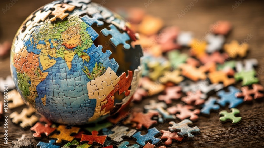 Poster A globe-shaped puzzle being assembled, representing the idea of global cooperation and unity, with colorful pieces fitting together